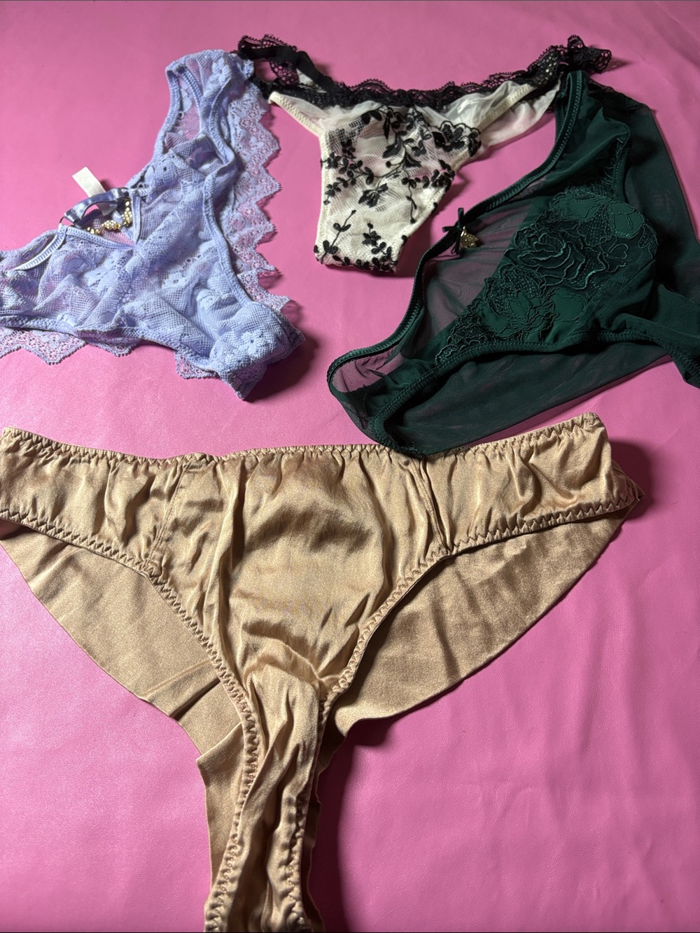 Assorted Women's Lace & Satin Bikini Panties - Gold, Lavender, Cream & Emerald